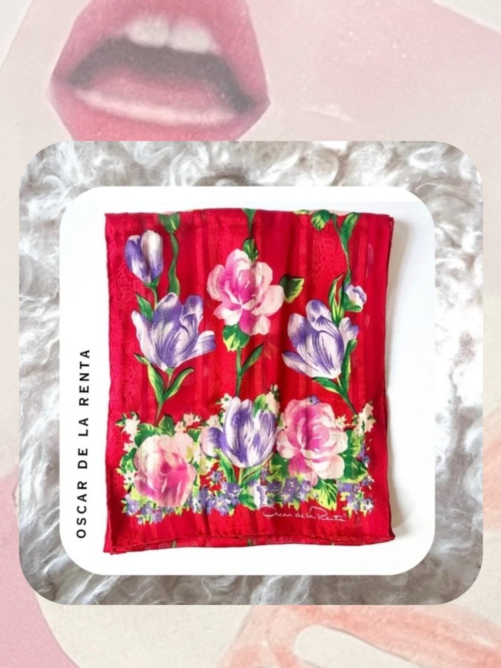🆕 vintage Oscar de la Renta red floral print silk scarf